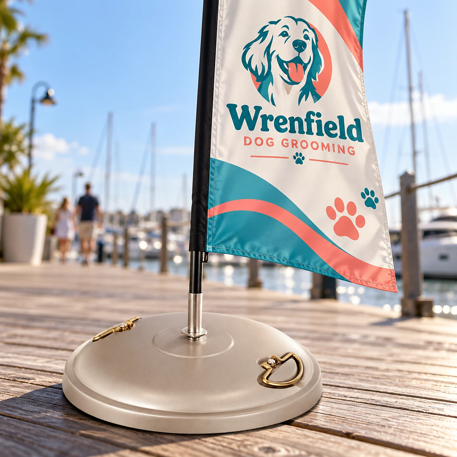 Concrete flag base holding a large flag on a breezy marina walkway