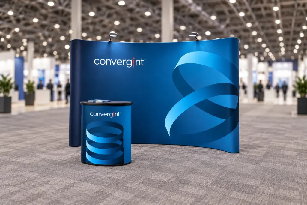 Visualisation of Convergint's 3x4 curved pop-up stand with case counter with the artwork that was printed