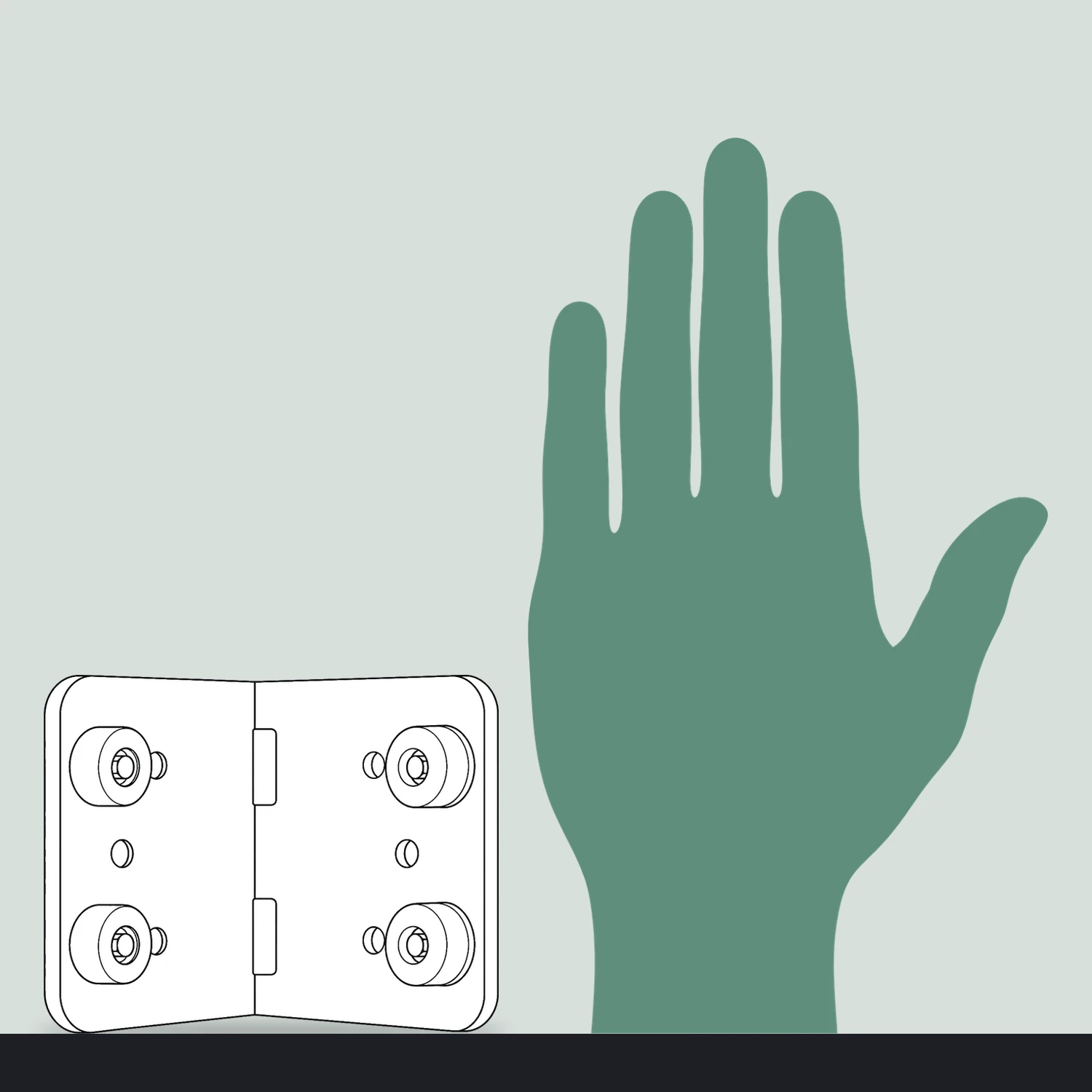 White 90 degree corner connector size compared with a hand