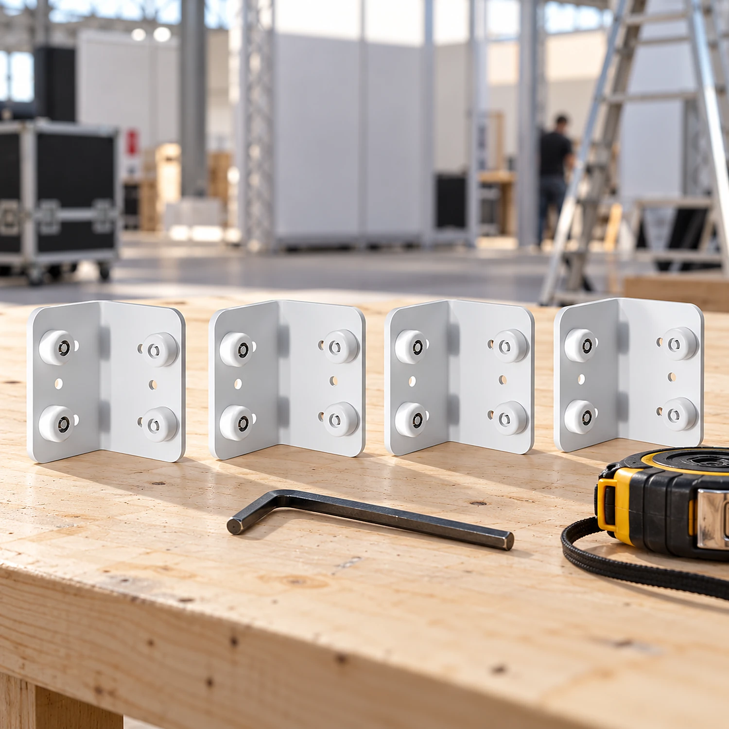 Set of four white corner connectors on a workbench