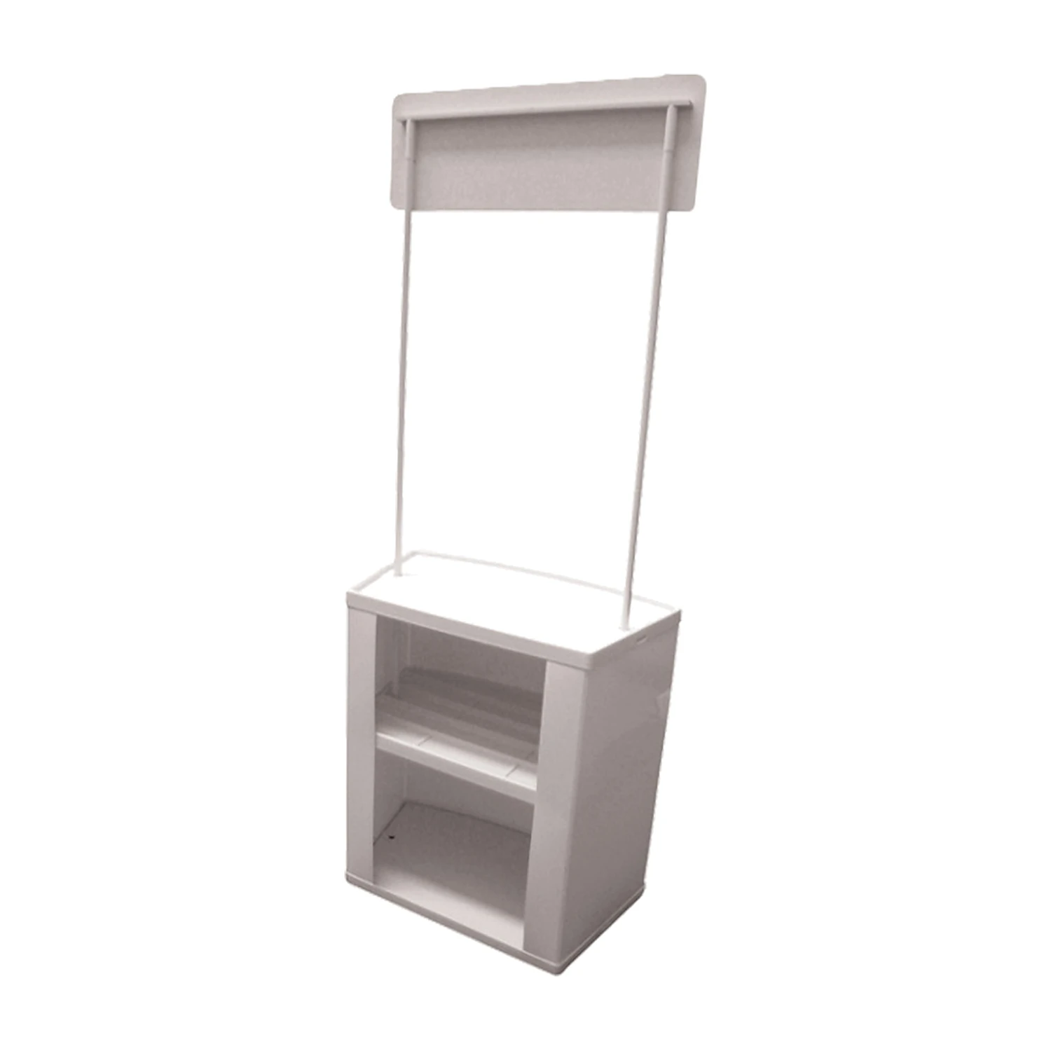 Promotional counter frame from the rear, showing the shelf