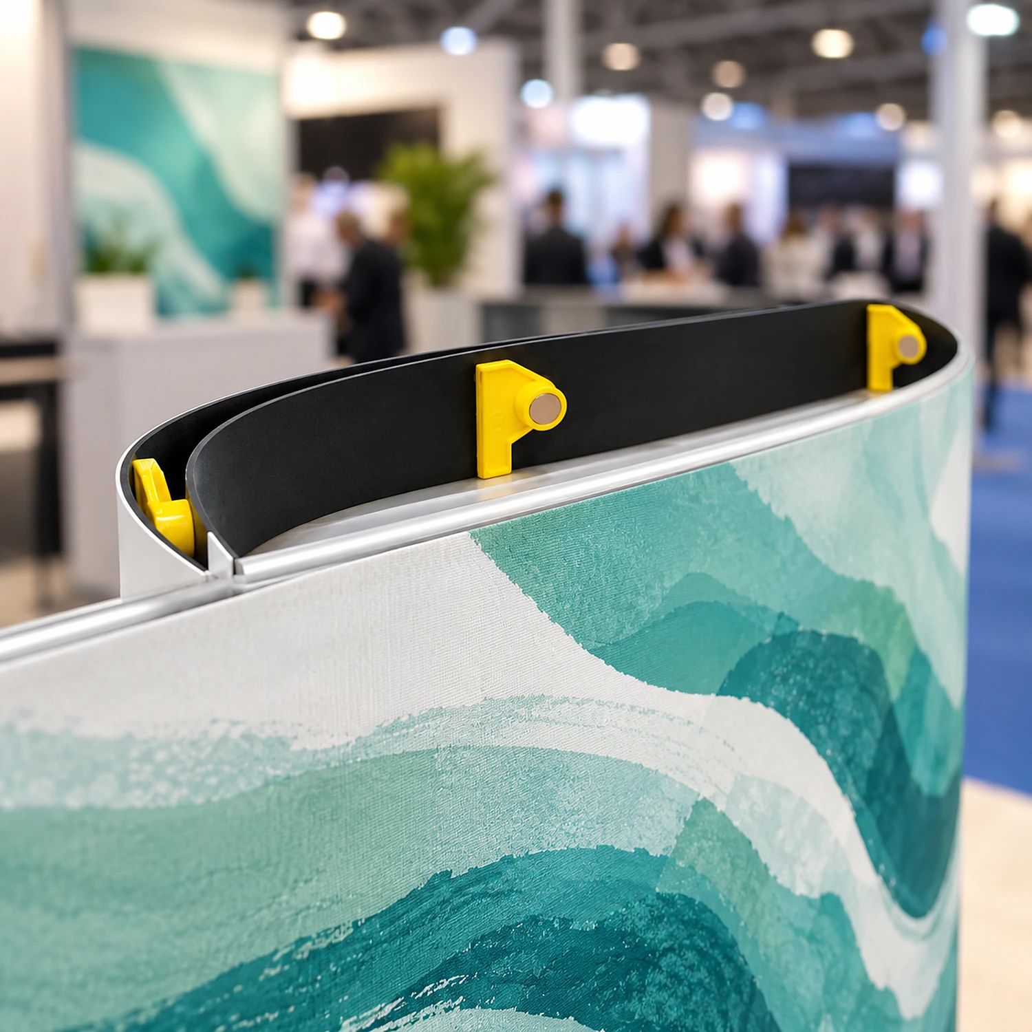 Hanger strip with yellow hooks on top of a curved pop up counter at a show