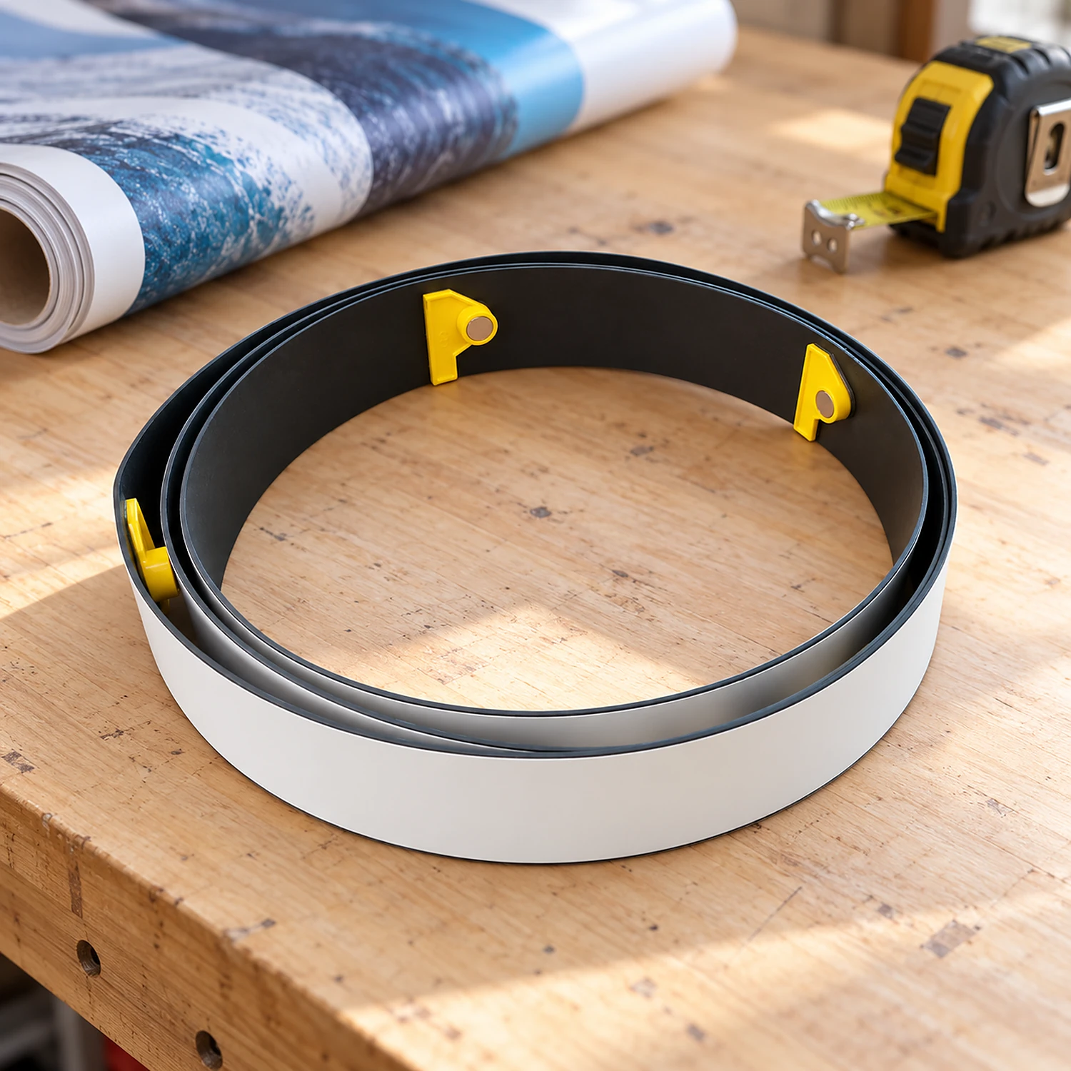 Coiled counter hanger strip on a workbench