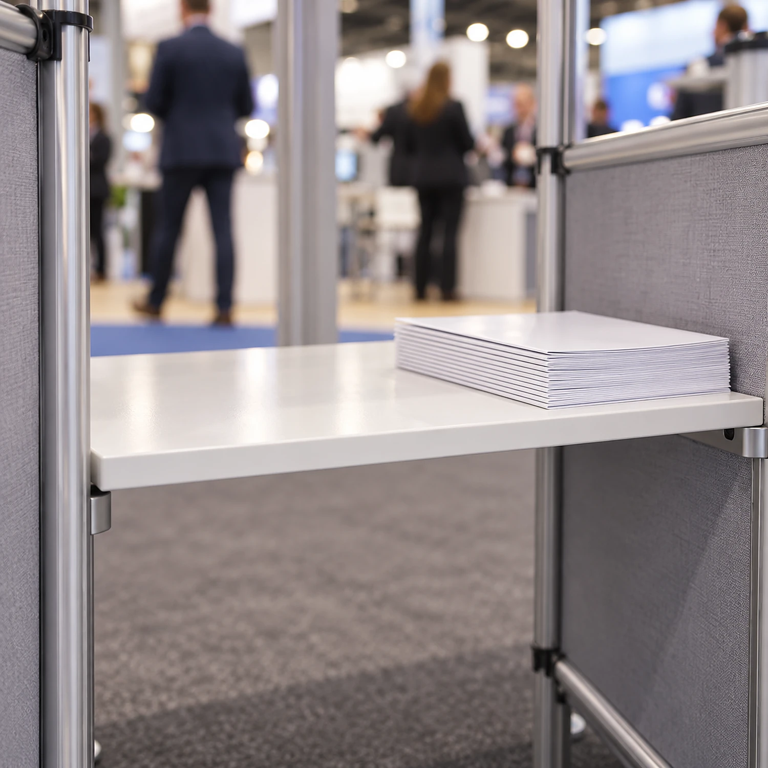 Shelf inside a fabric counter holding brochures at a trade show