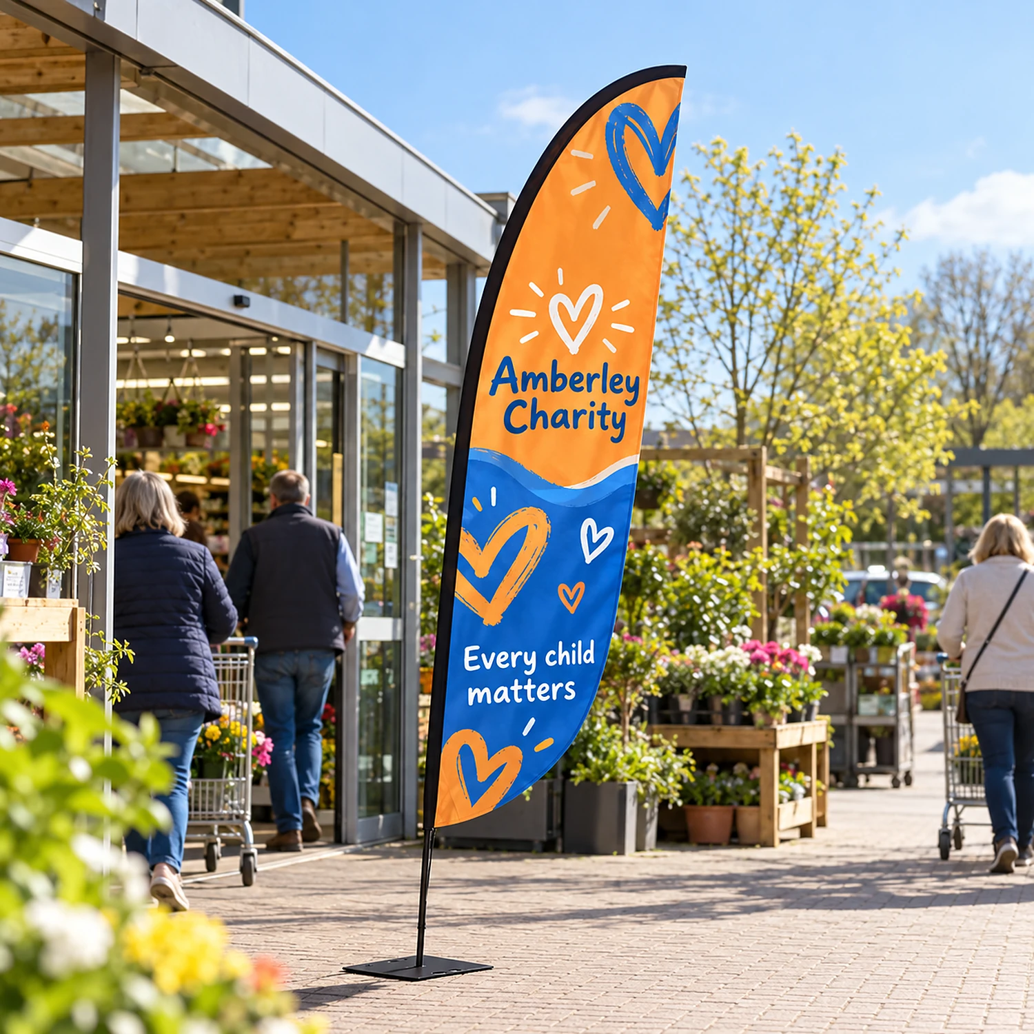 Crest flag in use outside a garden centre