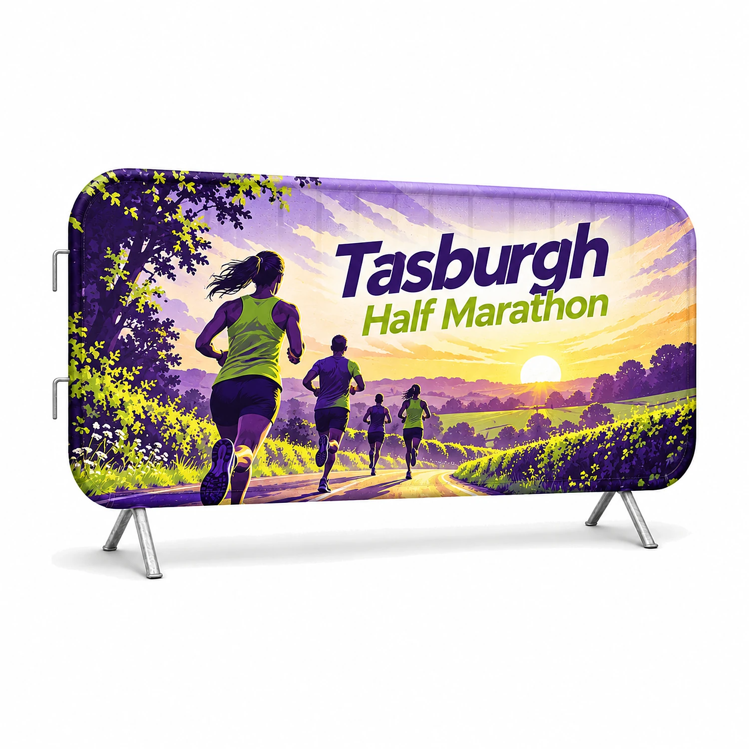 Crowd Barrier AirMesh Fabric Jacket for 2.5m Barriers - Single-Sided, shown with example artwork