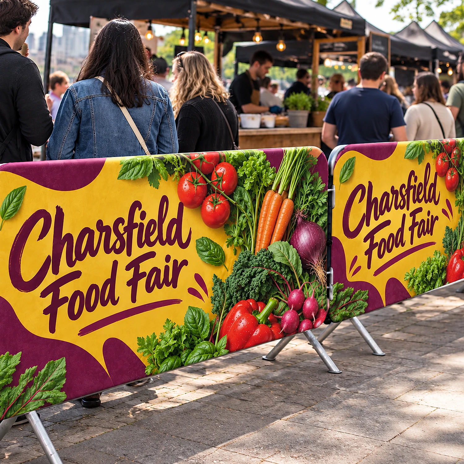 Crowd Barrier Premium Fabric Mesh Jacket for 2.5m Barriers - Double-Sided, shown with example artwork