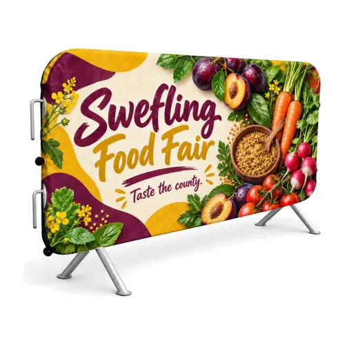 Crowd Barrier Premium Fabric Mesh Jacket for 2.5m Barriers - Double-Sided, shown with example artwork