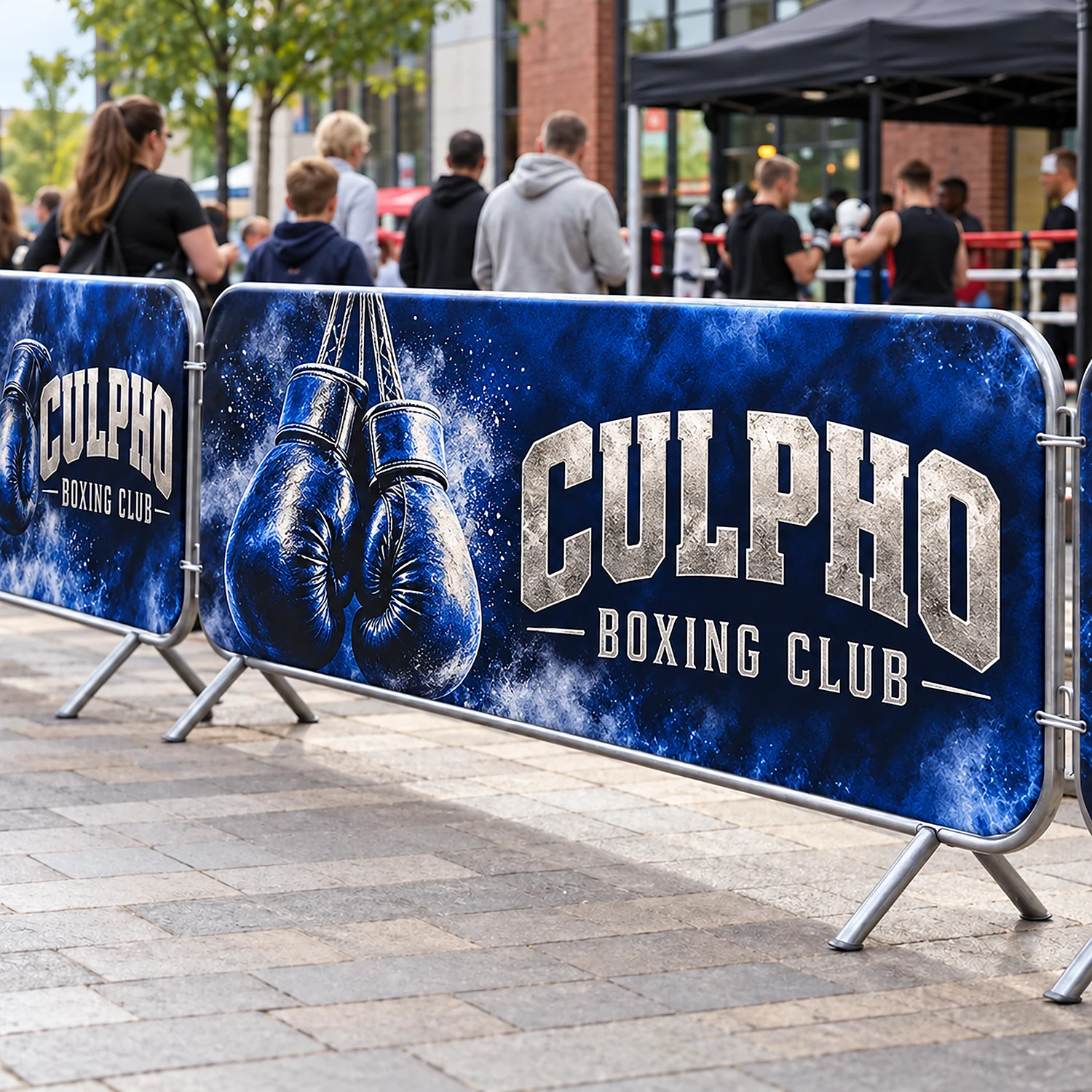 Crowd Barrier Premium Fabric Mesh Jacket for 2.5m Barriers - Single-Sided, shown with example artwork