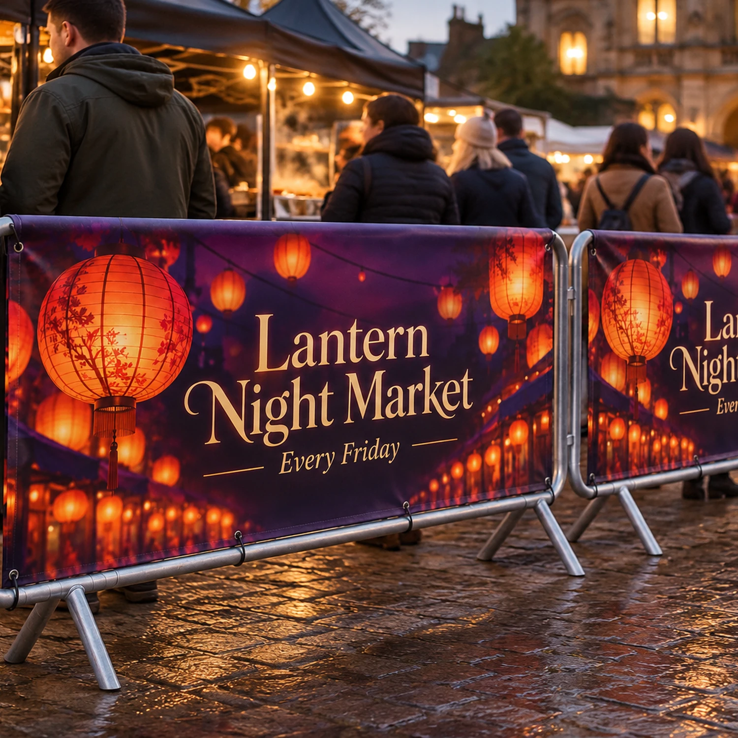 Crowd Barrier PVC Fold-Over Banner in use at an event