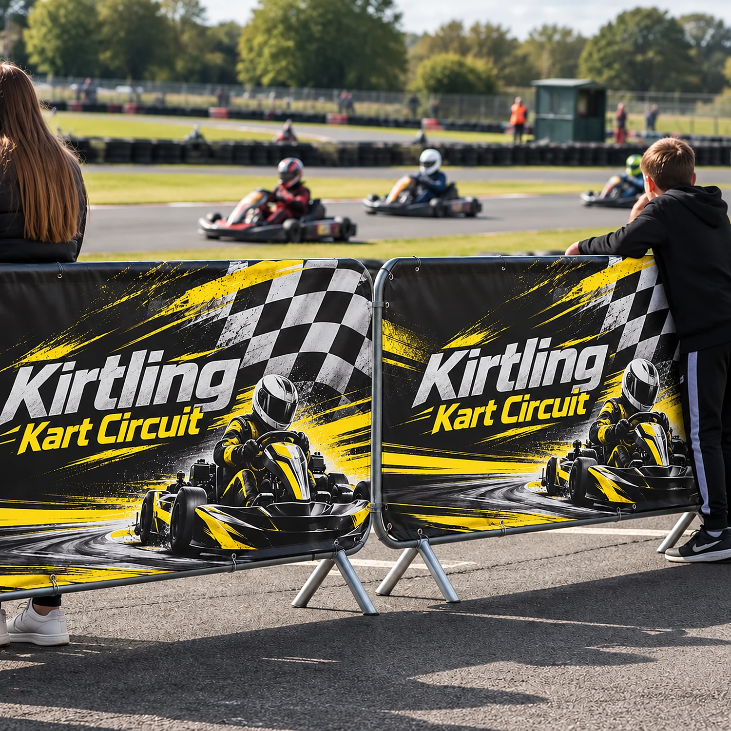 Crowd Barrier Stretch Polyester Fabric Jacket for 2.5m Barriers - Double-Sided, shown with example artwork
