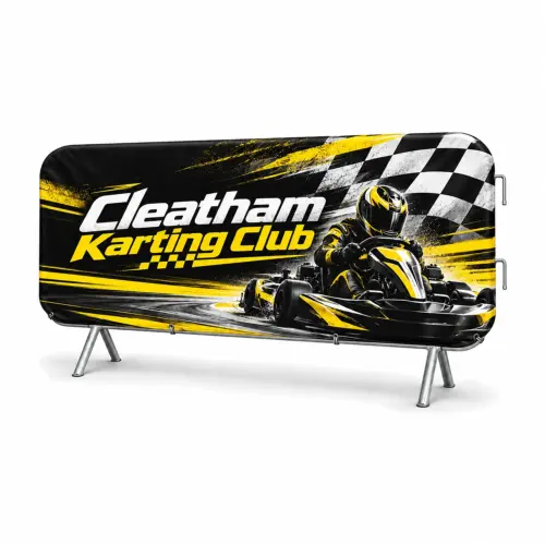 Crowd Barrier Stretch Polyester Fabric Jacket for 2.5m Barriers - Double-Sided, shown with example artwork