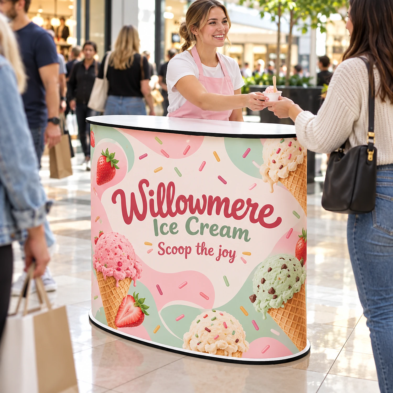 Curved promotional counter in use at a shopping centre sampling event