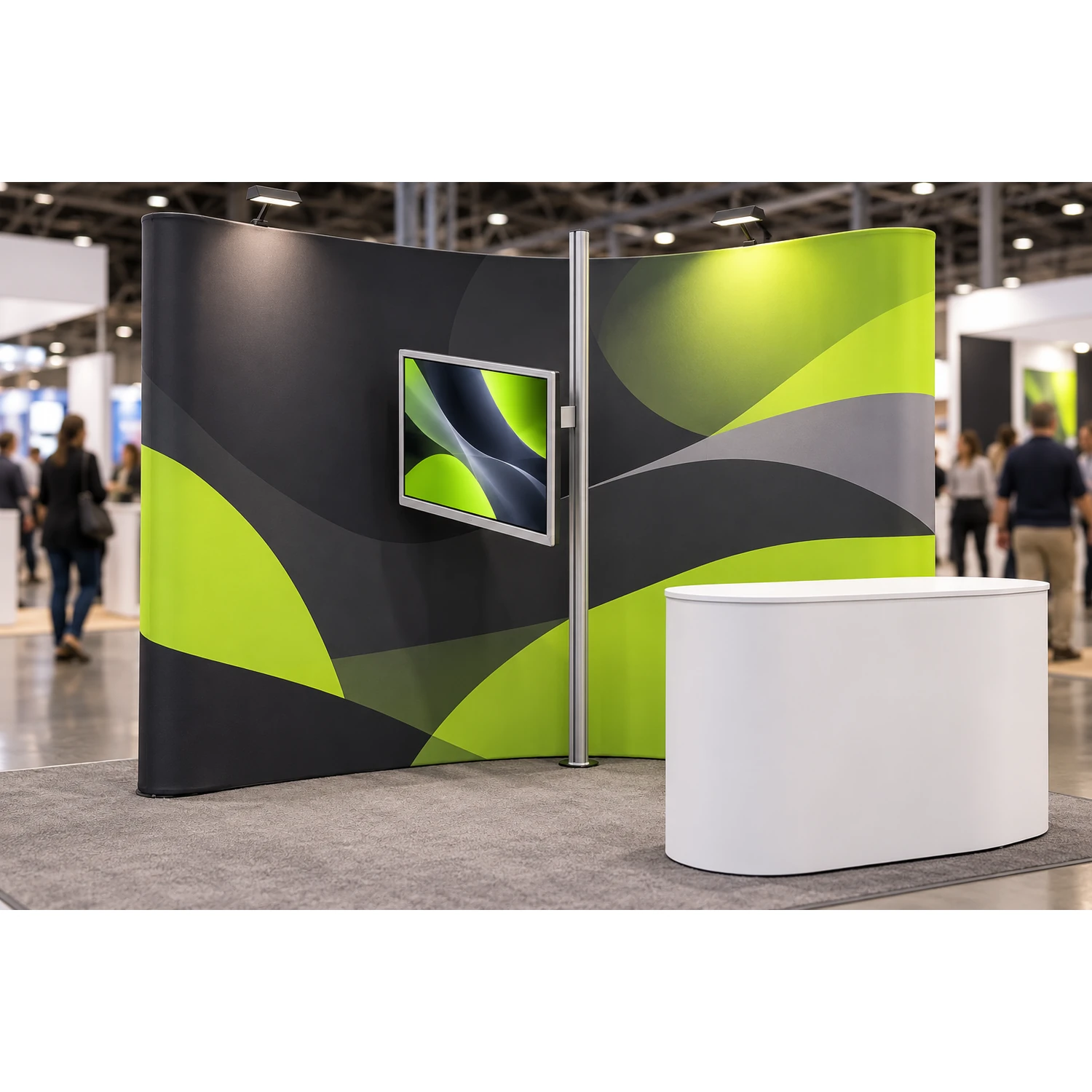 Curved pop up stand with a screen on its mount at an exhibition