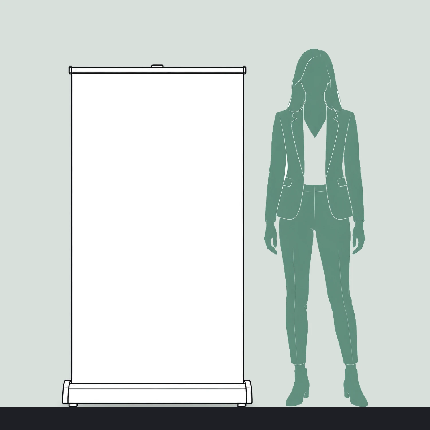 Delta Lite Roller Banner 850mm Wide size compared with a person