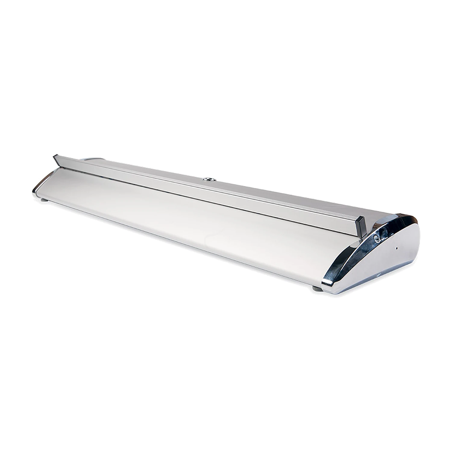 Roller banner base cassette with chrome end caps