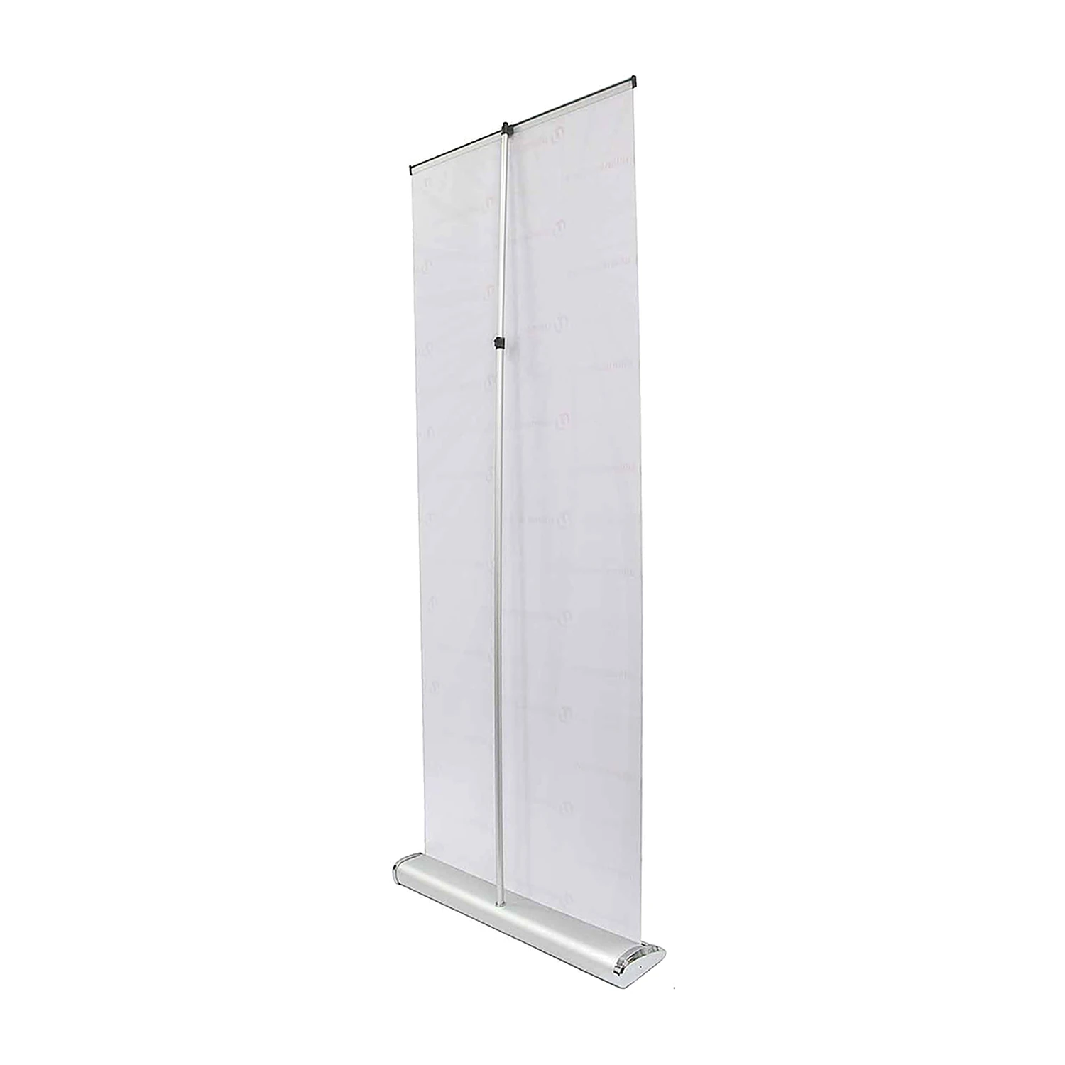 Roller banner stand with a blank graphic showing the base and rear support pole