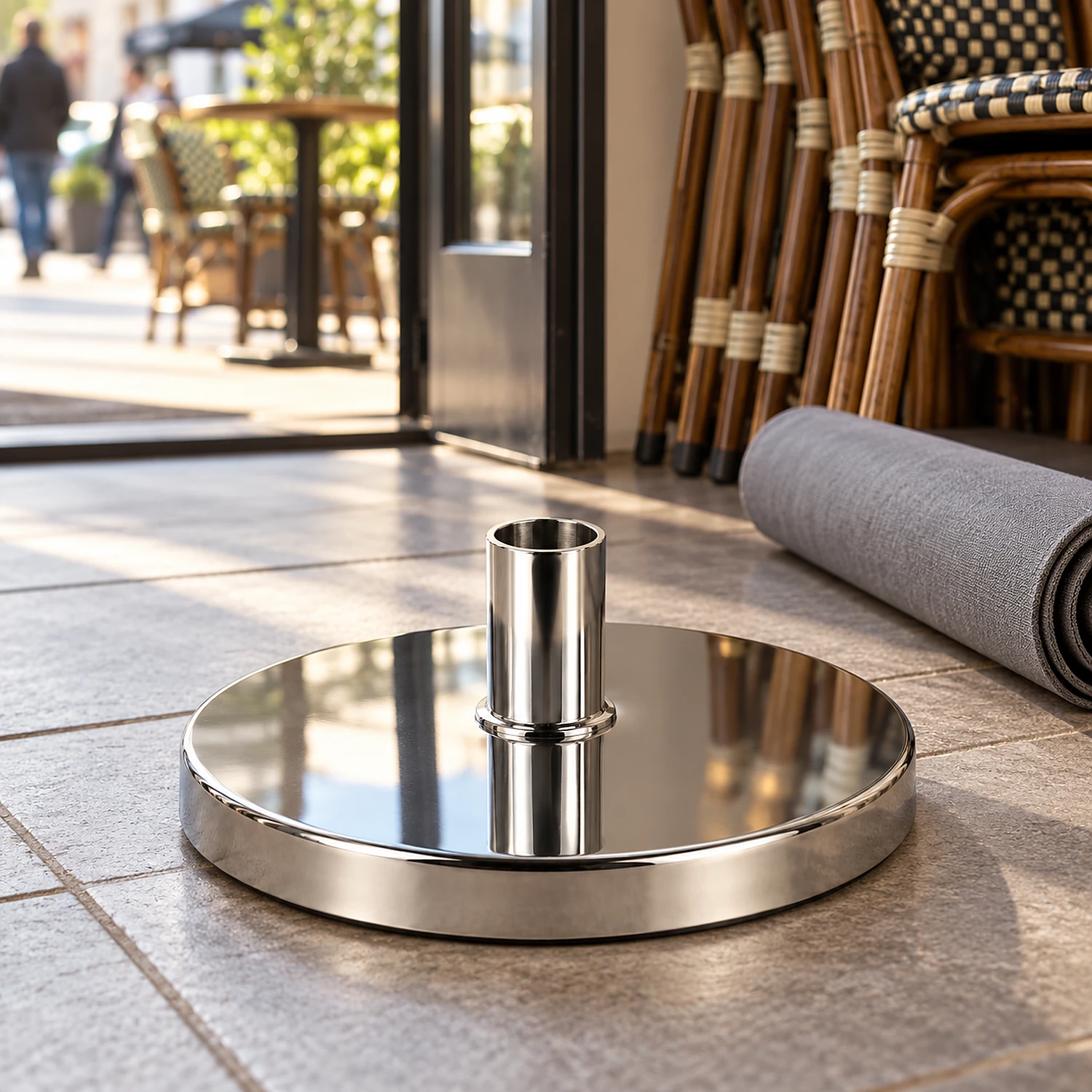 Chrome cafe barrier base ready to set out inside a cafe doorway