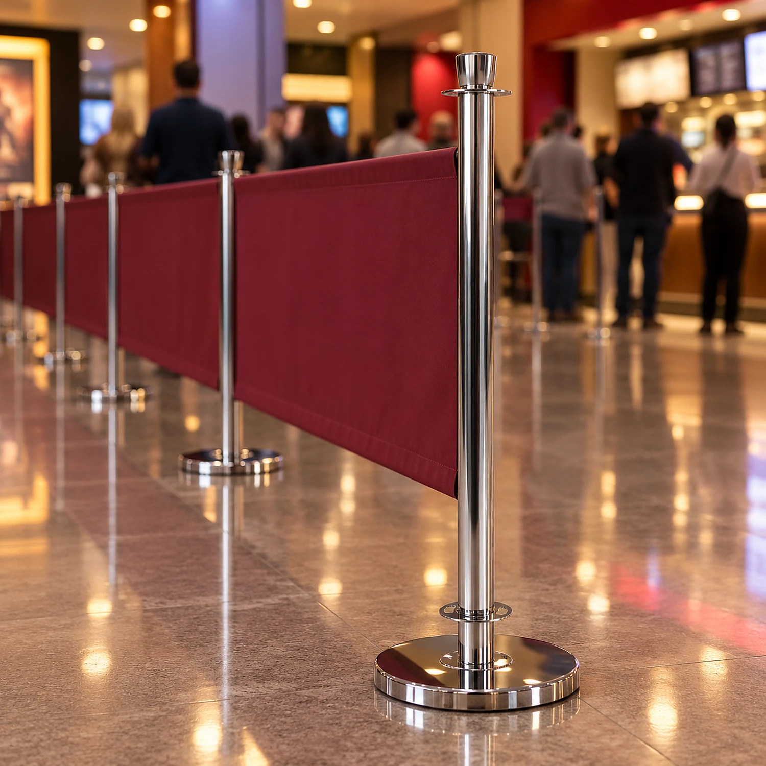 Chrome cafe barrier post at the end of a queue line in a foyer