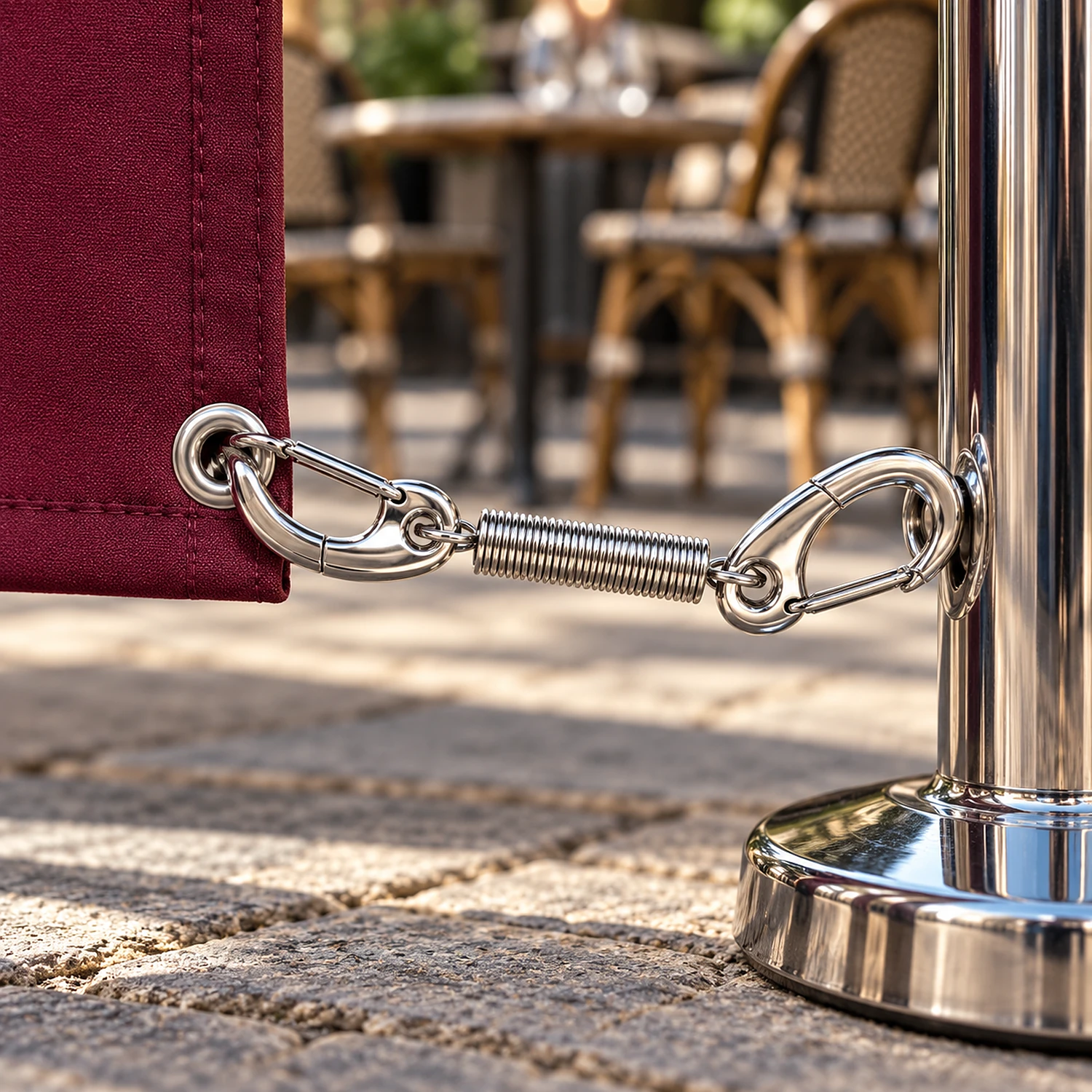 Chrome spring clip holding a cafe barrier panel to its post