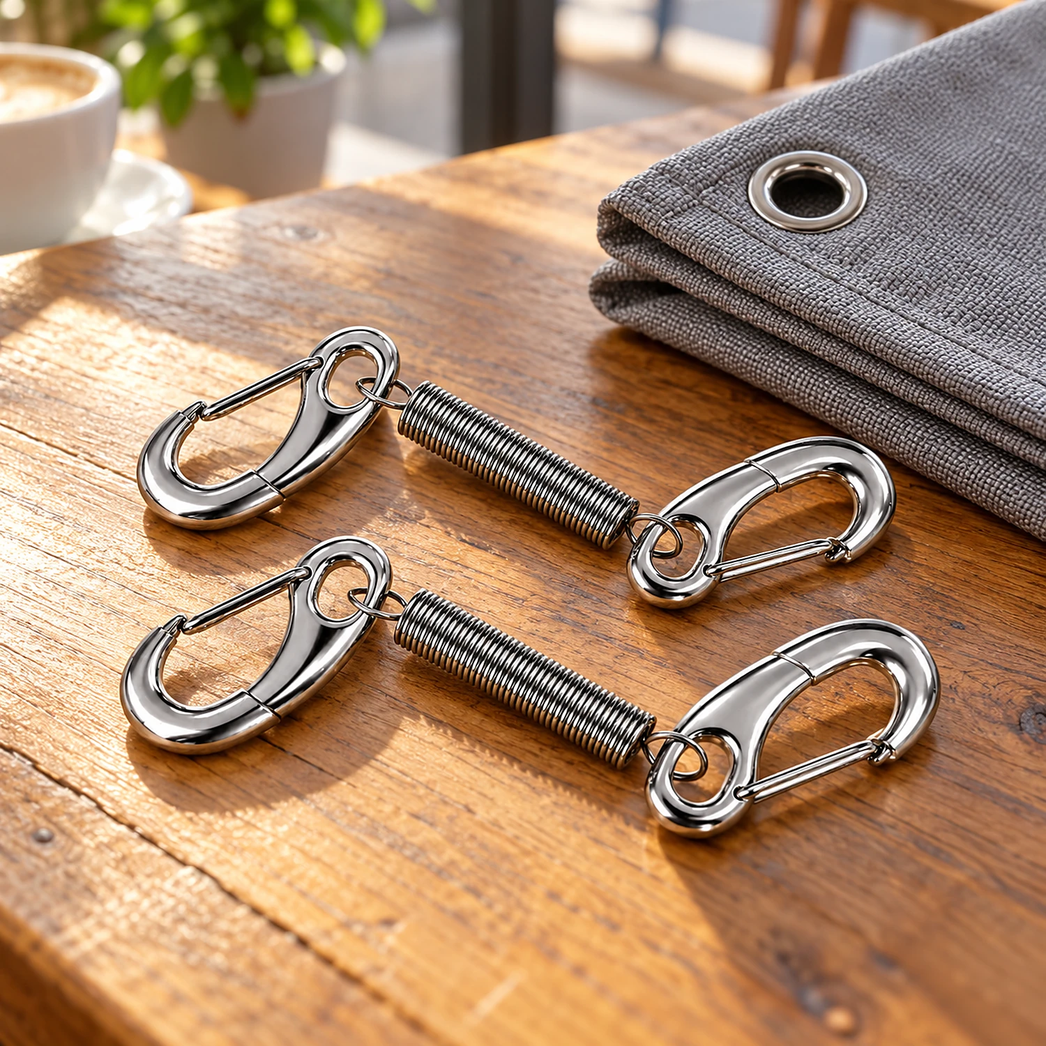 Pair of chrome spring clips on a cafe counter