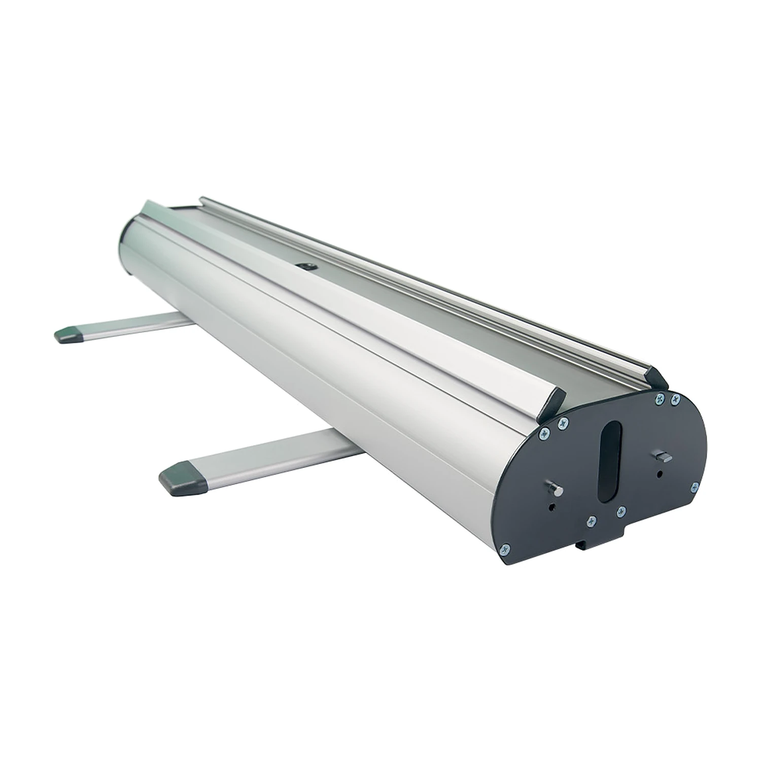 Roller banner cassette with swivel feet