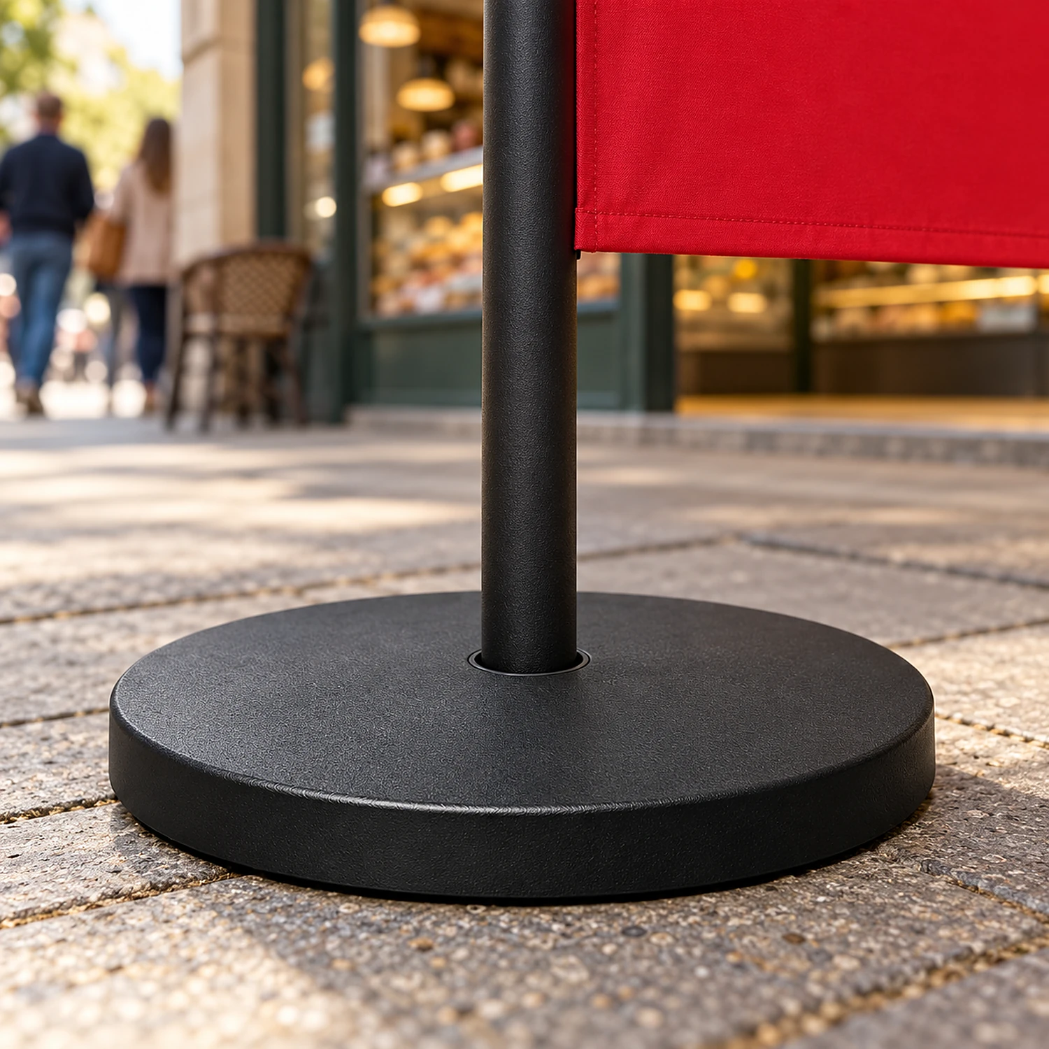 Black cafe barrier base holding a post outside a deli