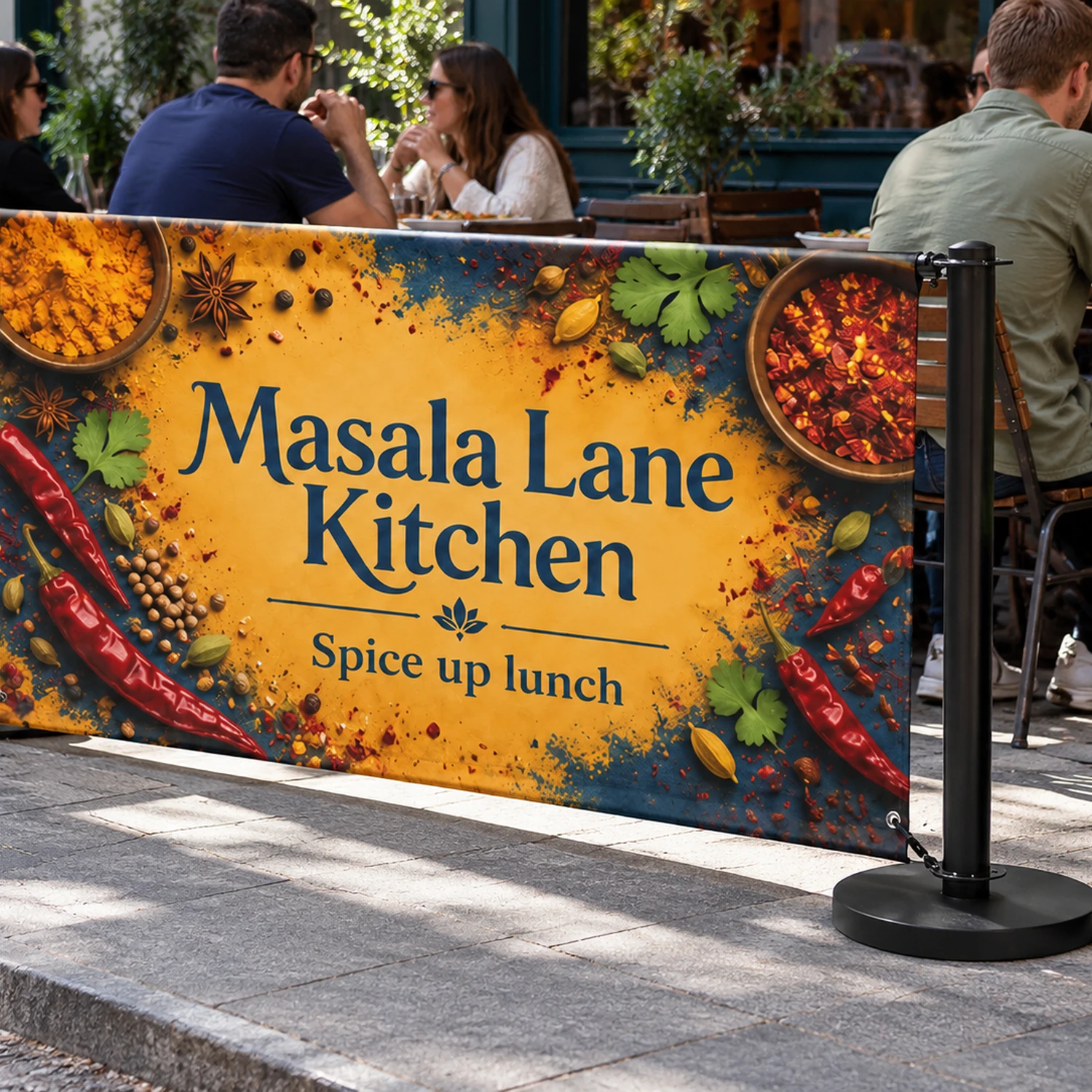 Economy Cafe Barrier Extension Kit with Fabric Banner in use at an event