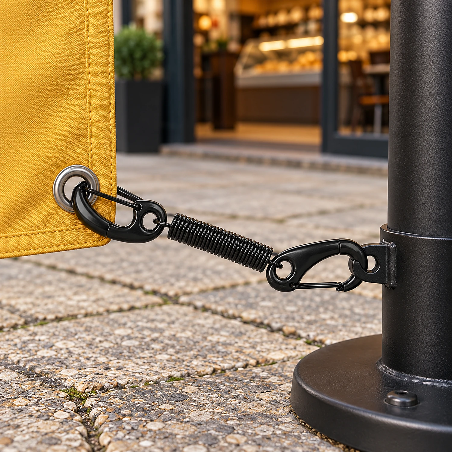 Black spring clip linking a barrier panel eyelet to its post outside a deli