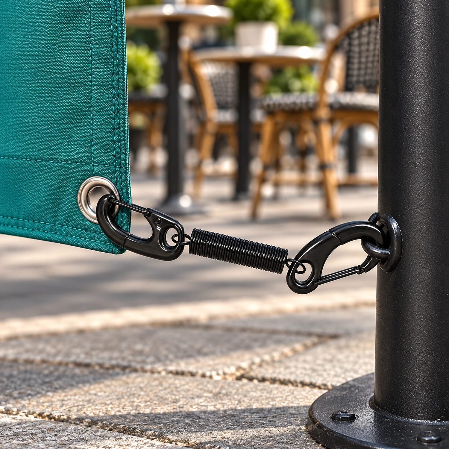 Black spring clip holding a cafe barrier panel to its post