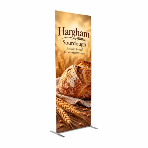 Economy Stretch Fabric Banner Stand 1m Wide - Double-Sided, shown with example artwork