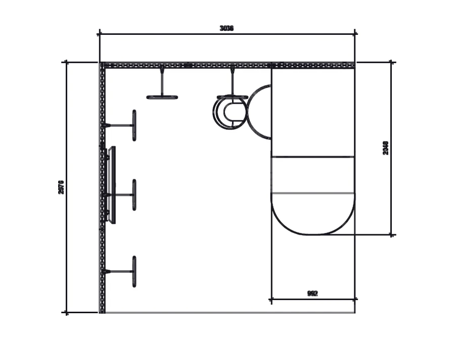 Plan view of a 3m x 3m hired exhibition stand layout