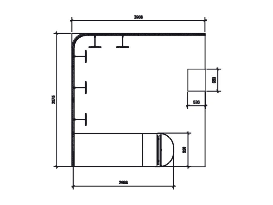 Plan view of a 4m x 4m hired exhibition stand layout
