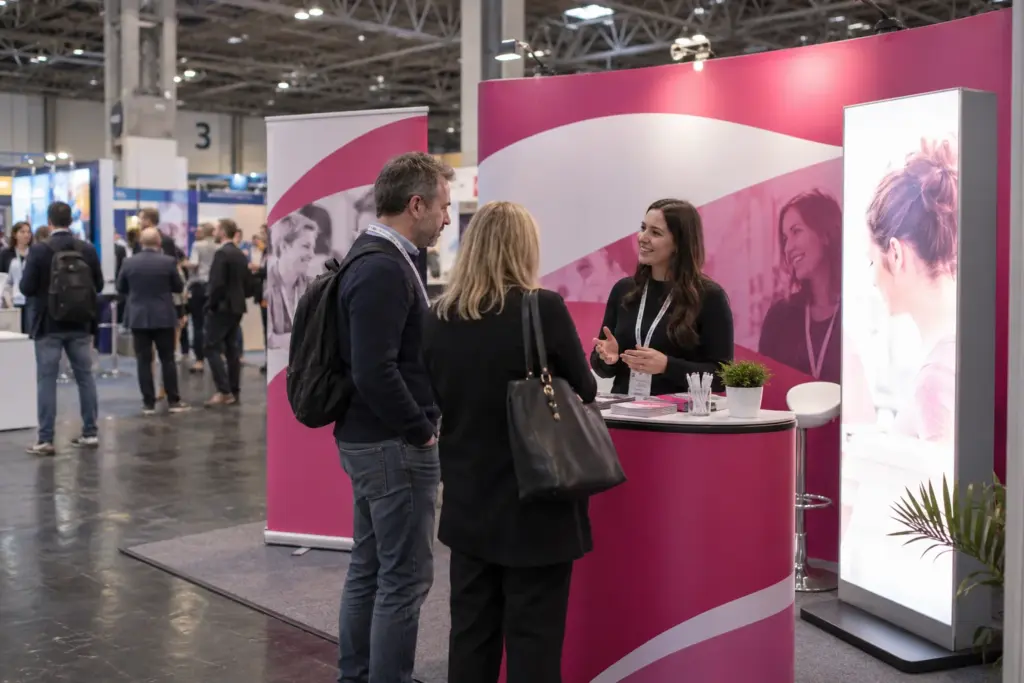 Compact exhibition stand with a curved fabric back wall, printed counter, roller banner and LED lightbox in a busy exhibition hall