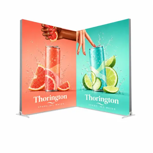 Exhibition Stand Kit 1 – 2m x 2m LED Lightbox Stand, Open 2 Sides, shown with example artwork