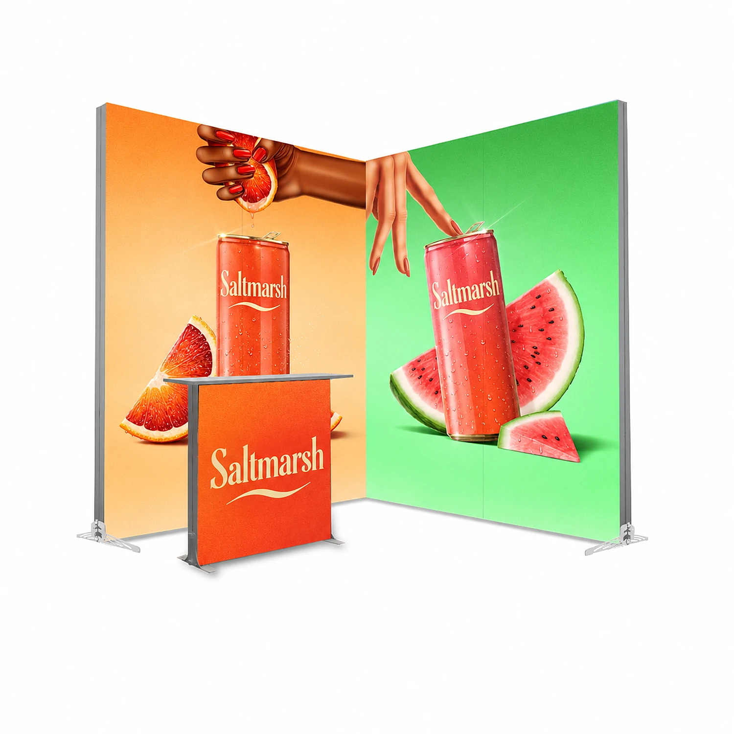 Exhibition Stand Kit 1 Pro – 2m x 2m LED Lightbox Stand with Counter, Open 2 Sides, shown with example artwork