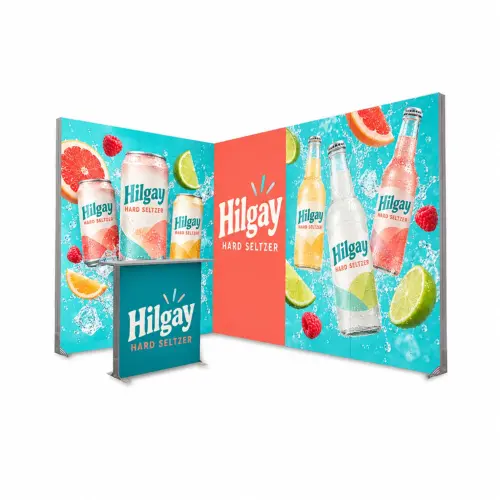 Exhibition Stand Kit 2 Pro – 3m x 2m LED Lightbox Stand with Counter, Open 2 Sides, shown with example artwork