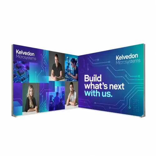 Exhibition Stand Kit 3 – 3m x 3m LED Lightbox Stand, Open 2 Sides, shown with example artwork