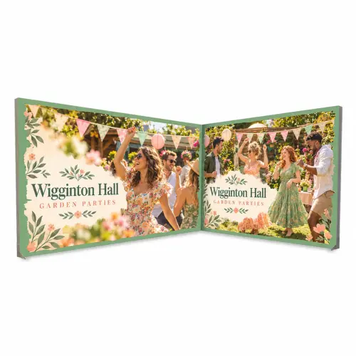 Exhibition Stand Kit 4 – 4m x 3m LED Lightbox Stand, Open 2 Sides, shown with example artwork