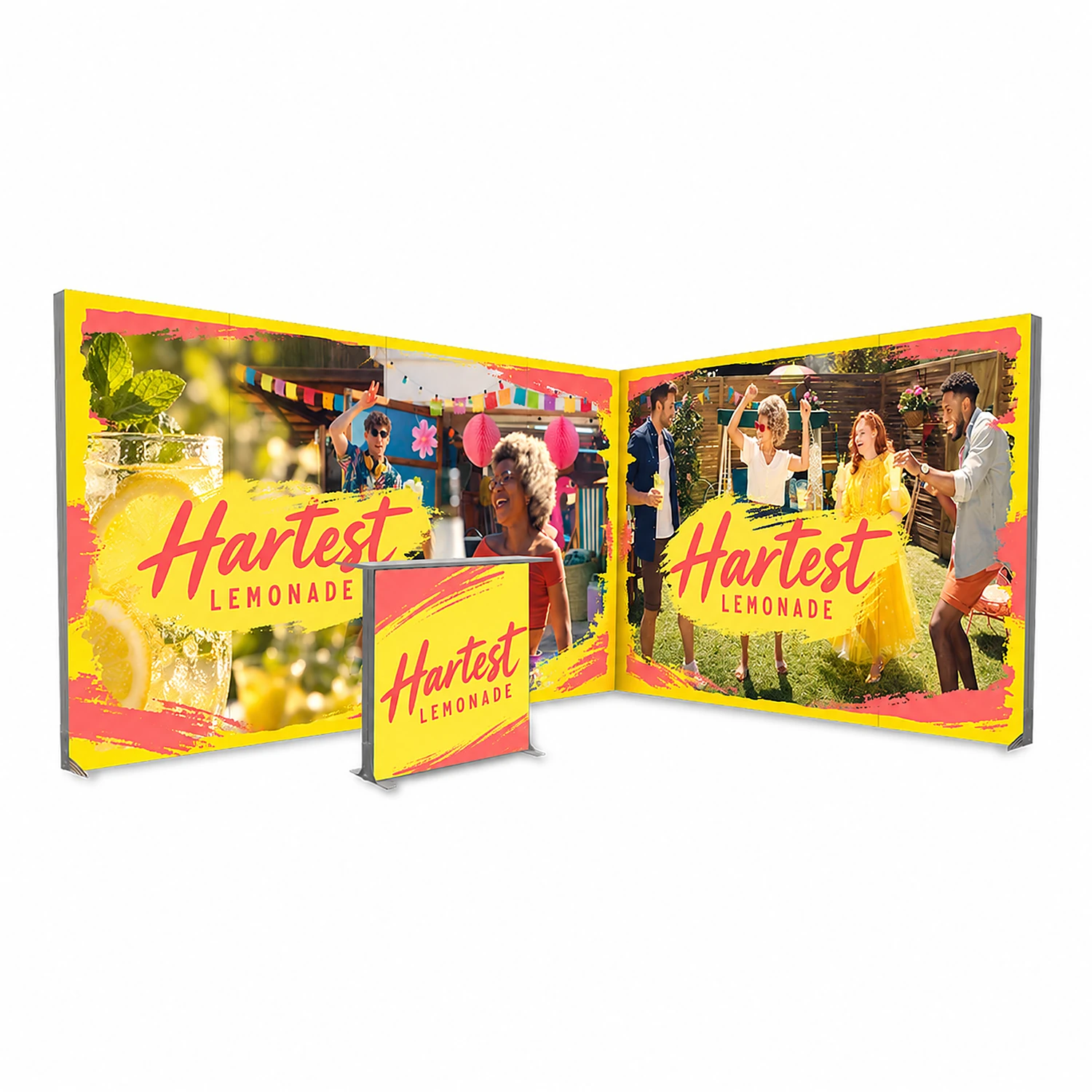 Exhibition Stand Kit 4 Pro – 4m x 3m LED Lightbox Stand with Counter, Open 2 Sides, shown with example artwork