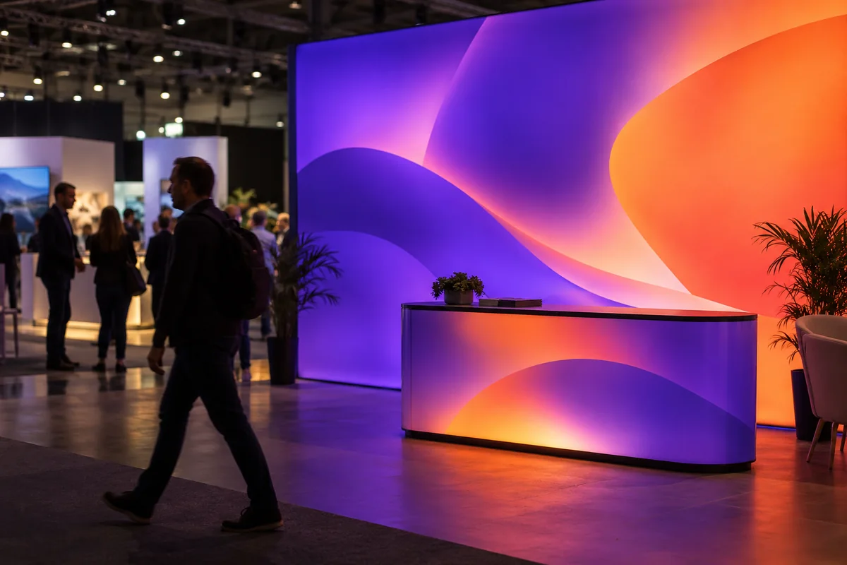 Backlit LED fabric exhibition wall glowing in an exhibition hall