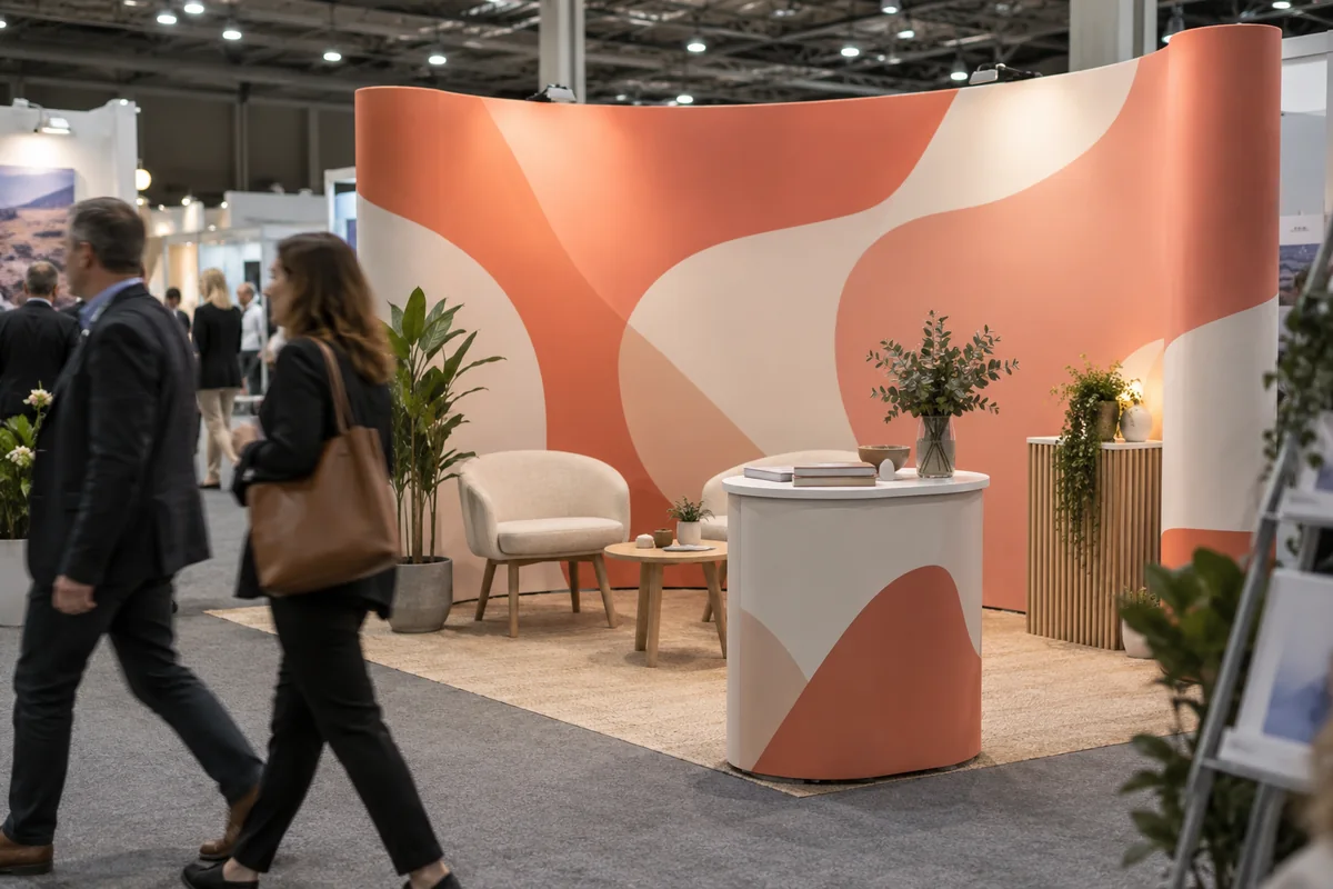Curved fabric display wall behind a small exhibition stand