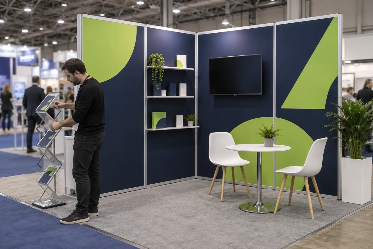 Modular exhibition wall panels with shelves and a screen mount