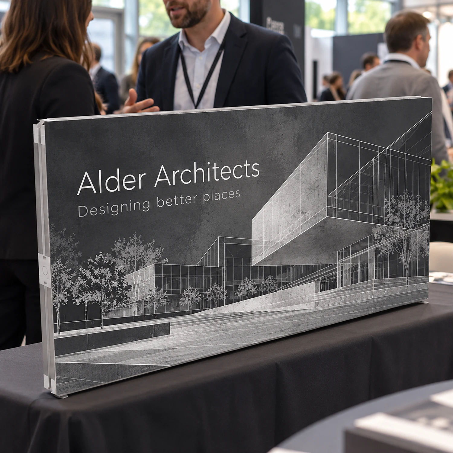 1000 x 500mm fabric frame on a table at a business show