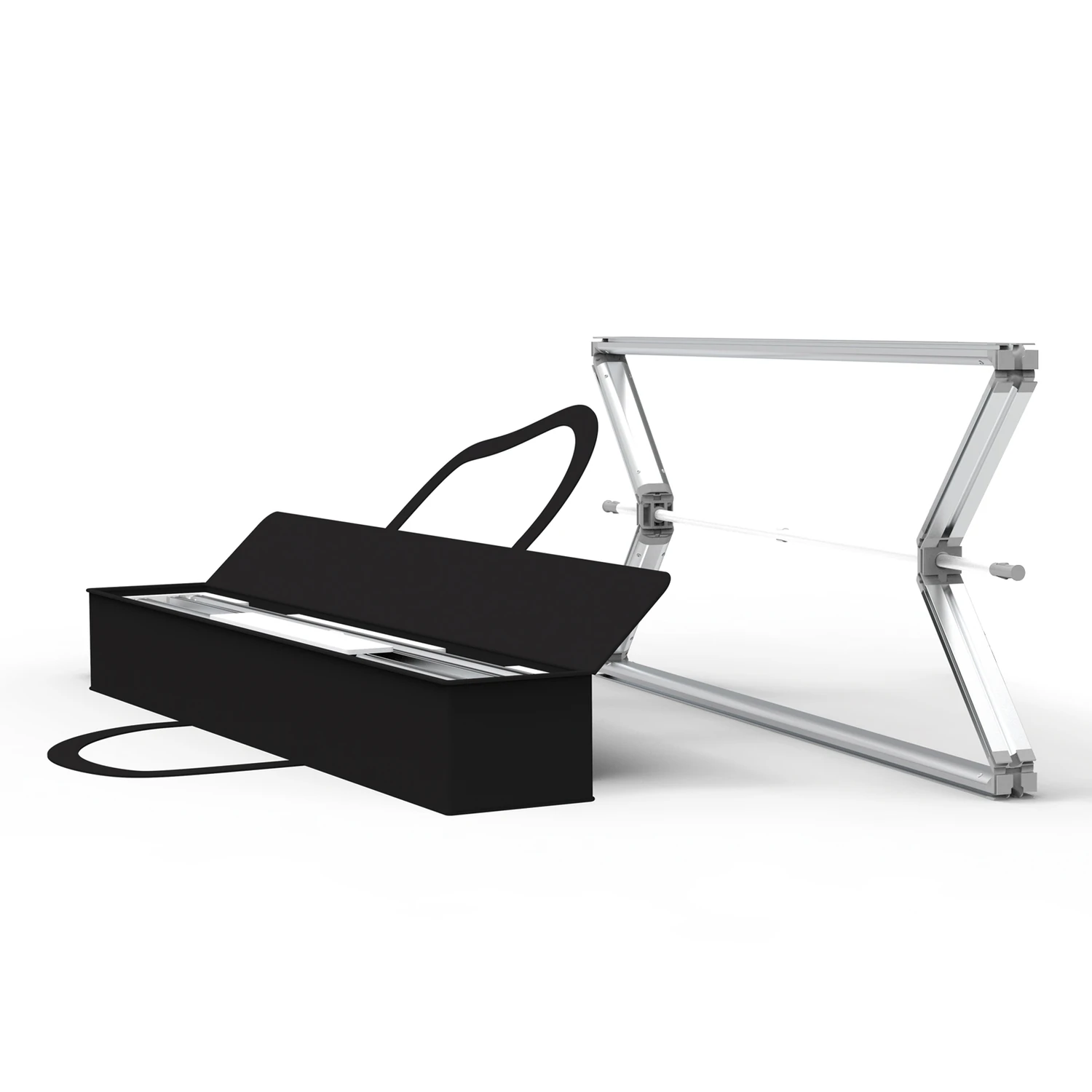 Folding frame opening out beside its carry bag