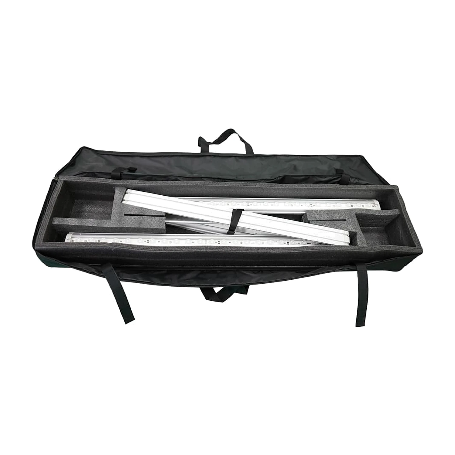 Carry bag opened to show the foam inserts holding the folded frame