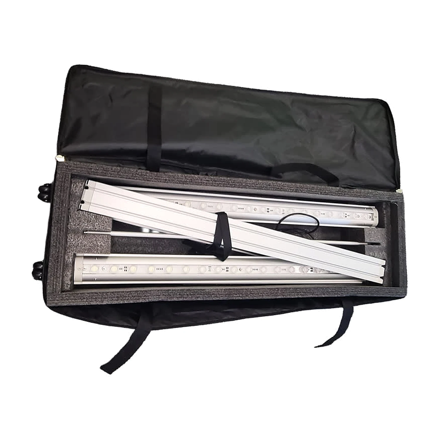 Carry bag opened to show the foam inserts holding the folded frame