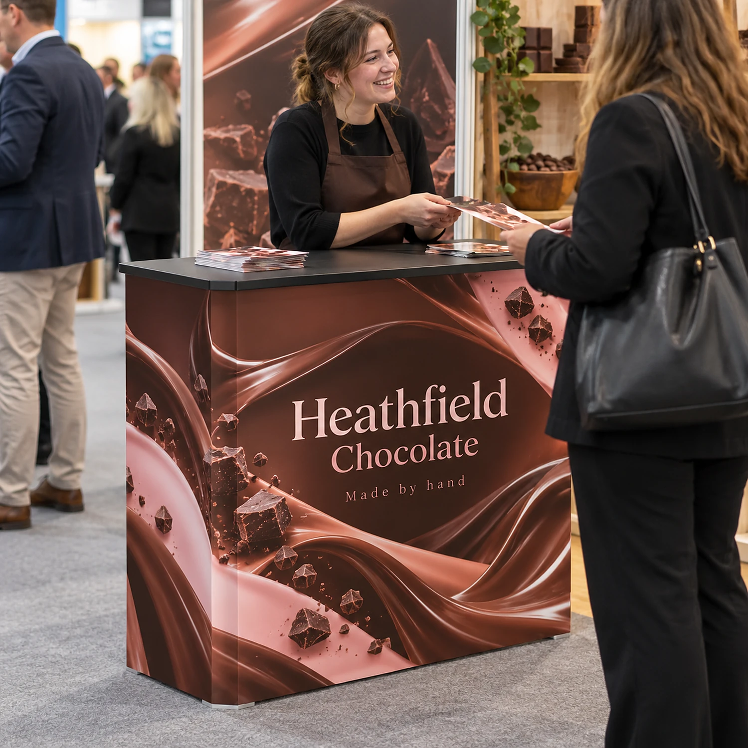 Printed fabric counter in use at a trade show