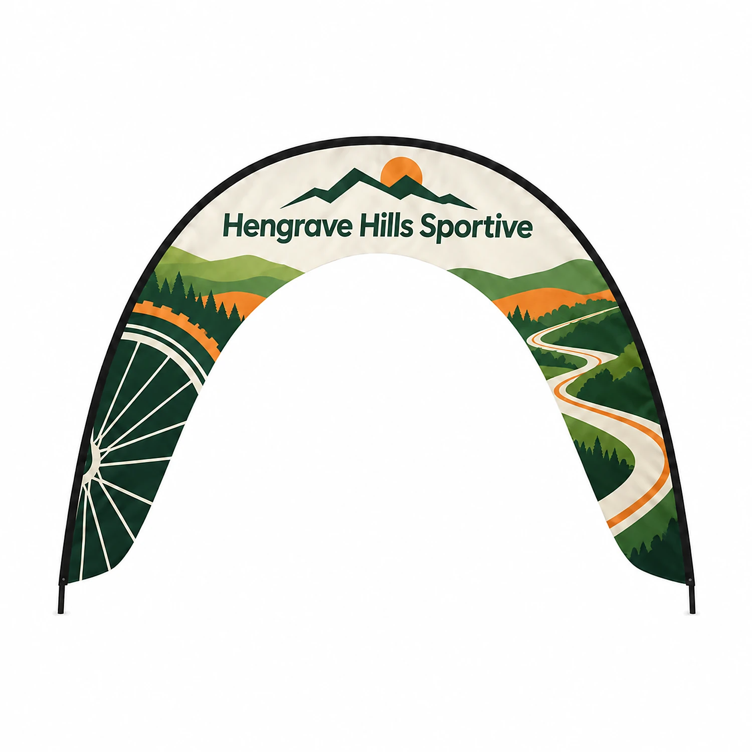 Fibreglass Arch Flag 4m x 3.2m, Bases Not Included, shown with example artwork