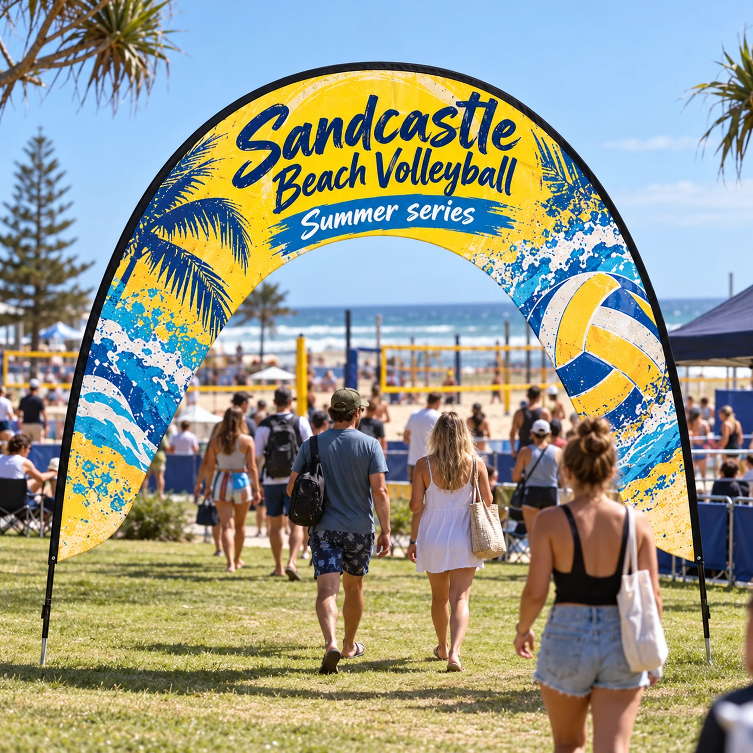 Fibreglass Arch Flag 4m x 3.2m with Ground Spikes at an event